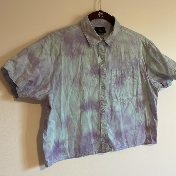Oversized Tie Dye Boxy Top Skate Empyre XS Button Front Short Sleeve Waist Blue - Picture 2 of 11